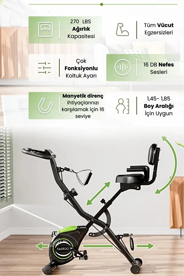 FASTGO Katlanabilir Ekranlı Egzersiz Bisikleti 4IN1 Manyetik Bisiklet Evde Egzersiz Kondisyon Bisikleti(120 Kg Kapasiteli)